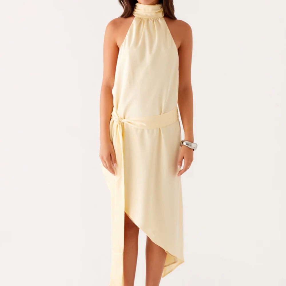 Peppermayo Pale Yellow Halter High-Low Dress with Side Tie